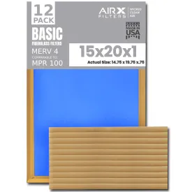 15x20x1 Air Filter Comparable to MPR 100 Basic Economy Furnace Filters, 12 Pack of Non Pleated Fiberglass Filter For Dust - Low Airflow Restriction! From AIRX FILTERS WICKED CLEAN AIR.