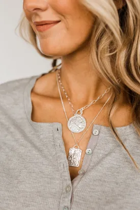 2 Tier Textured Figures Pendant Necklace- Silver