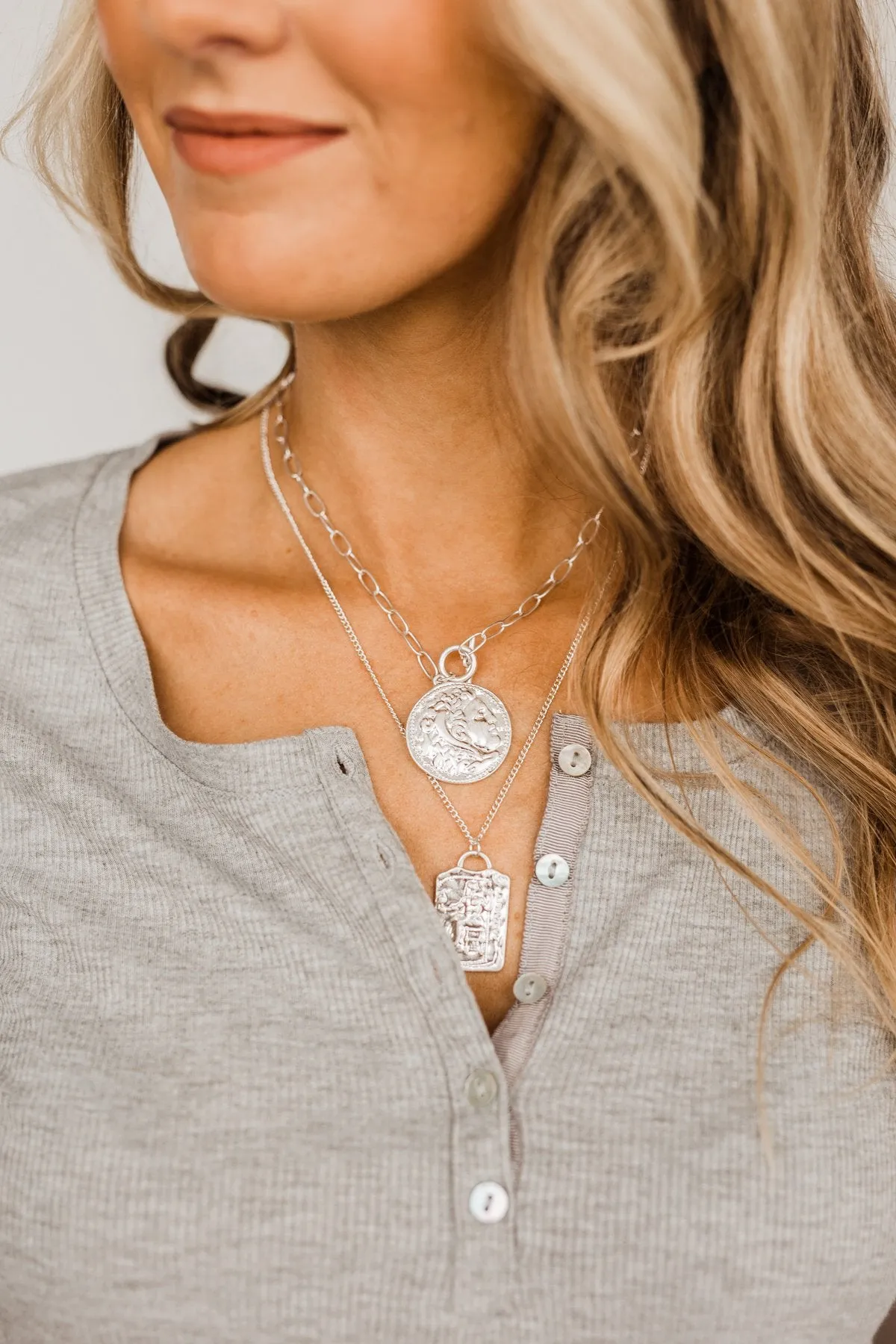 2 Tier Textured Figures Pendant Necklace- Silver