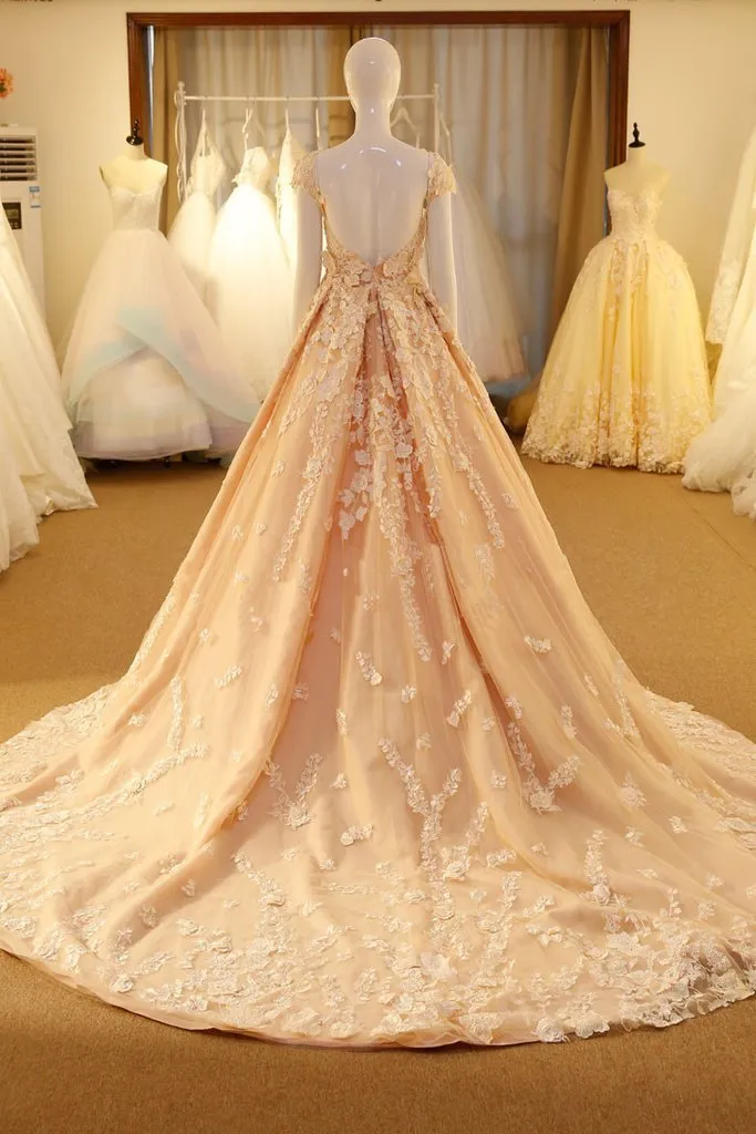 A-line Scoop-neck Chapel Train Tulle Appliqued Long Prom Dresses ASD26798