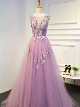 A-line Scoop-Neck Sweep Train Tulle Appliqued Prom Dresses ASD2635