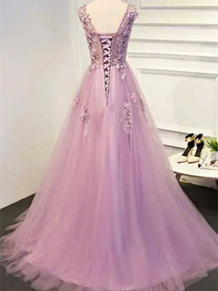 A-line Scoop-Neck Sweep Train Tulle Appliqued Prom Dresses ASD2635