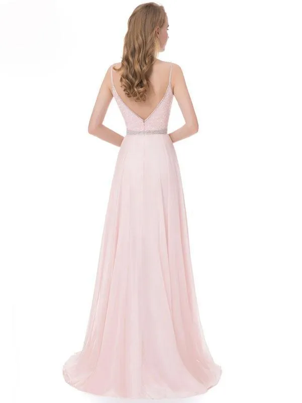A-line Spaghetti Strap Floor-Length Chiffon Beaded Pink Prom Dress 3115