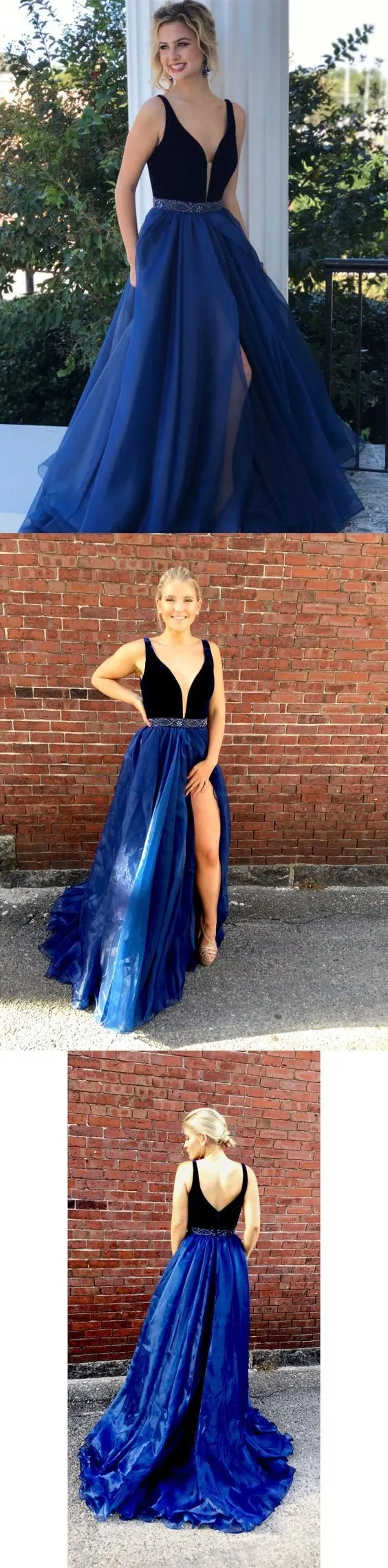 A-line V-neck Sweep Train Organza Beaded Split Side Prom Dresses 2878