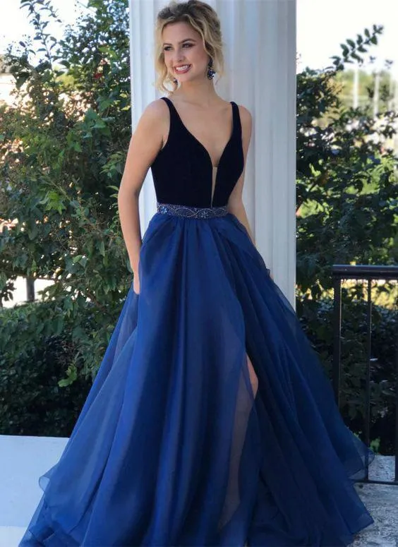 A-line V-neck Sweep Train Organza Beaded Split Side Prom Dresses 2878