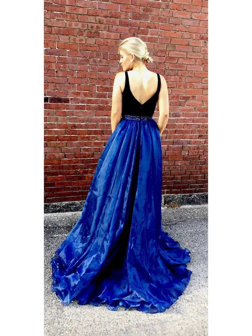 A-line V-neck Sweep Train Organza Beaded Split Side Prom Dresses 2878