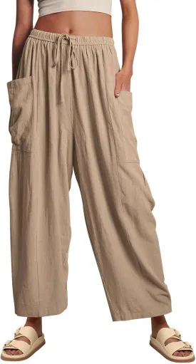 ABAFIP Women's Linen Palazzo Pants Summer Drawstring High Waisted Wide Leg Baggy Harem Pants with Pockets
