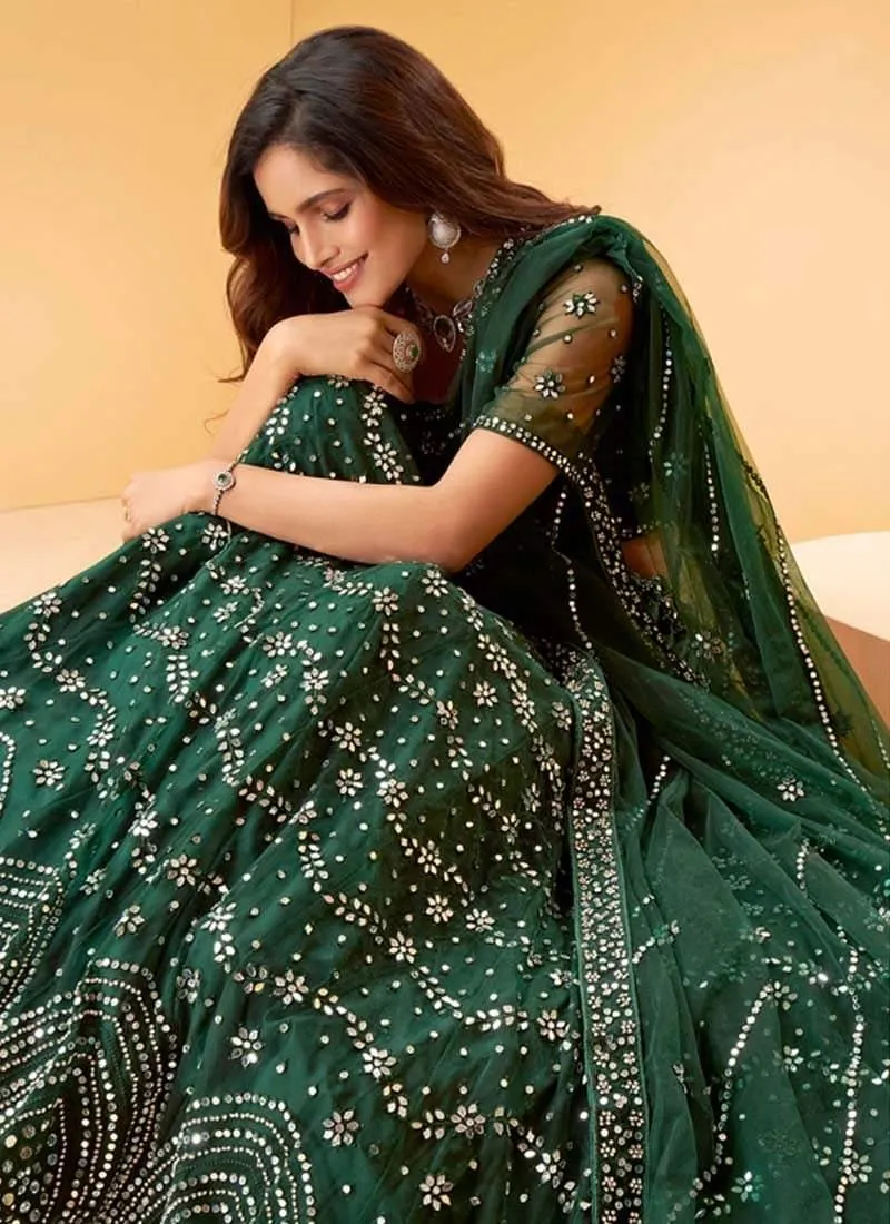 Adorable Look Green Color Soft Net Material Heavy Work Crop Top Lehenga