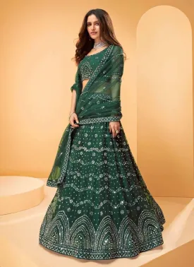 Adorable Look Green Color Soft Net Material Heavy Work Crop Top Lehenga