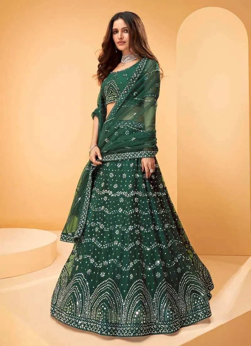 Adorable Look Green Color Soft Net Material Heavy Work Crop Top Lehenga