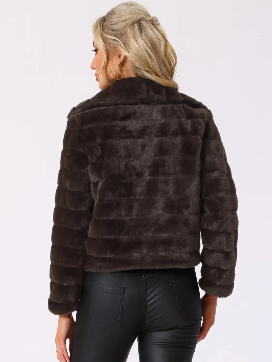 Allegra K Women's Faux Fur Fluffy Coat Collar 2024 Warm Winter Cropped Jacket