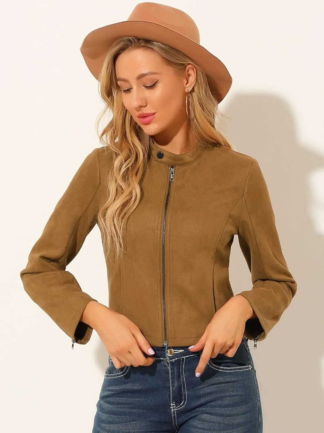 Allegra K Women's Faux Suede Jacket Stand Collar Zip Up Long Sleeve Motorcycle Biker Coat