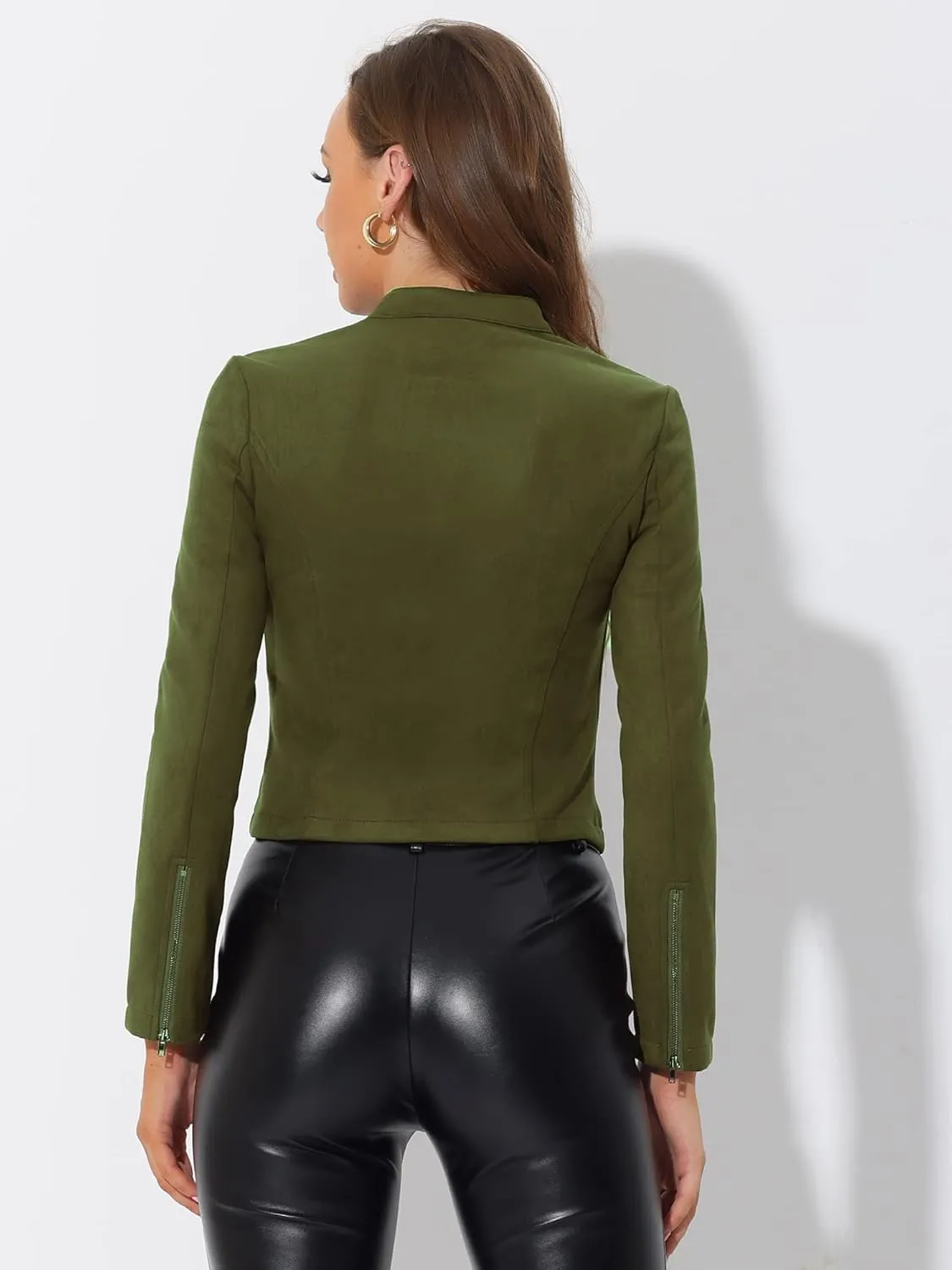 Allegra K Women's Faux Suede Jacket Stand Collar Zip Up Long Sleeve Motorcycle Biker Coat