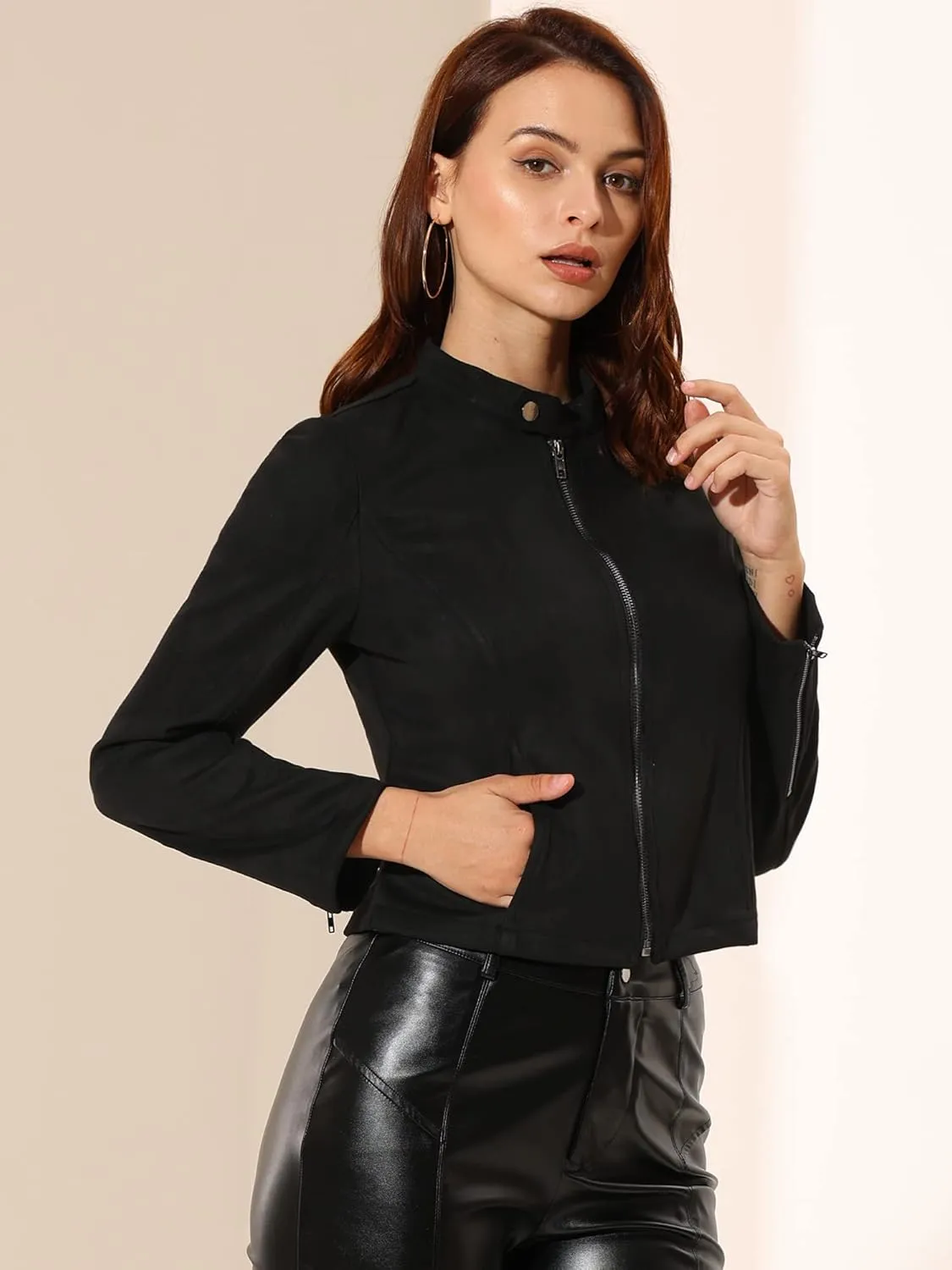 Allegra K Women's Faux Suede Jacket Stand Collar Zip Up Long Sleeve Motorcycle Biker Coat