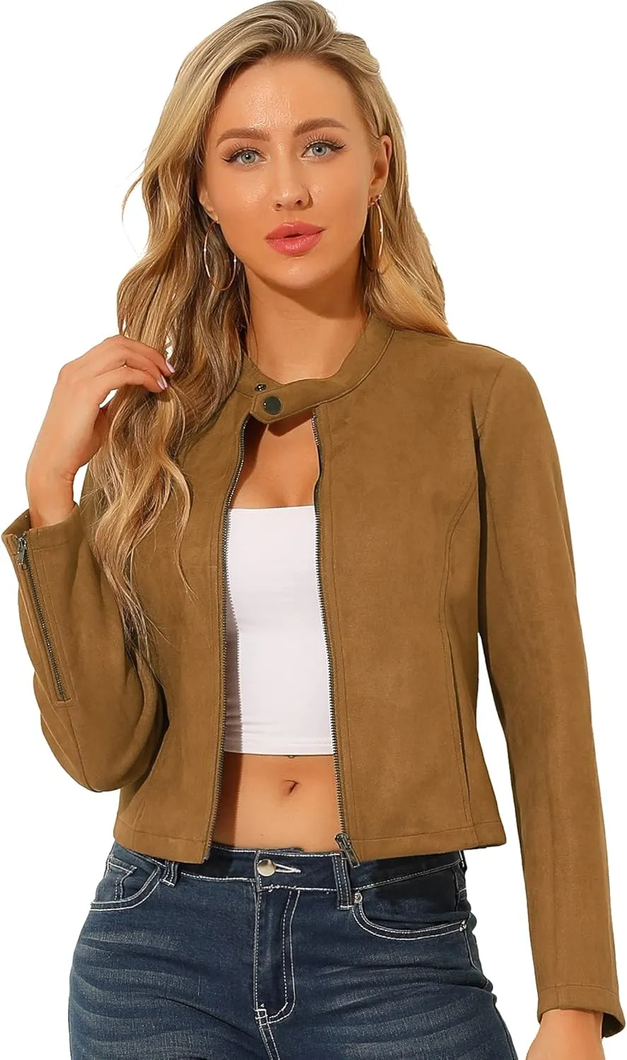 Allegra K Women's Faux Suede Jacket Stand Collar Zip Up Long Sleeve Motorcycle Biker Coat