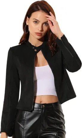 Allegra K Women's Faux Suede Jacket Stand Collar Zip Up Long Sleeve Motorcycle Biker Coat