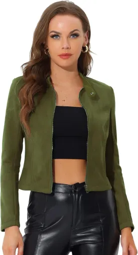 Allegra K Women's Faux Suede Jacket Stand Collar Zip Up Long Sleeve Motorcycle Biker Coat