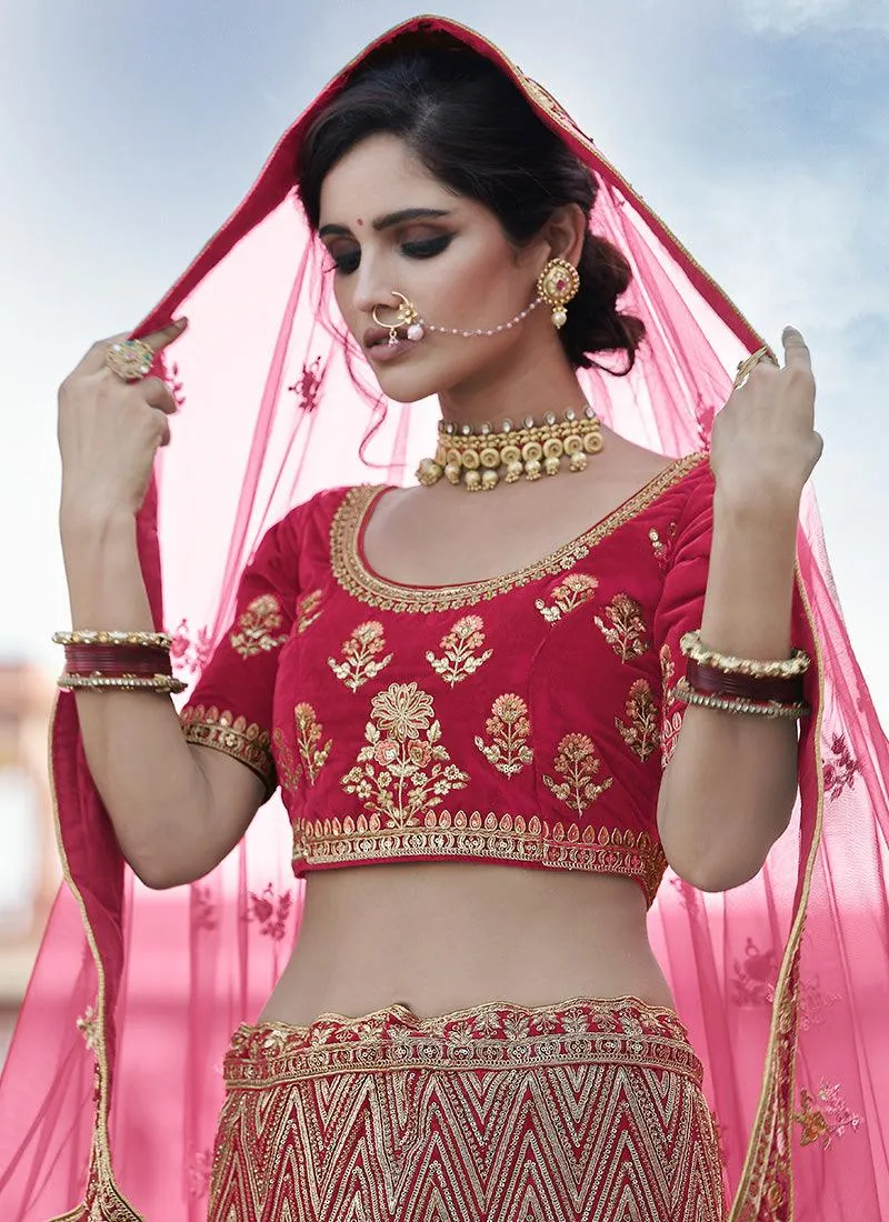 Alluring Look Velvet Base Pink Color Zari And Sequins Work Lehenga