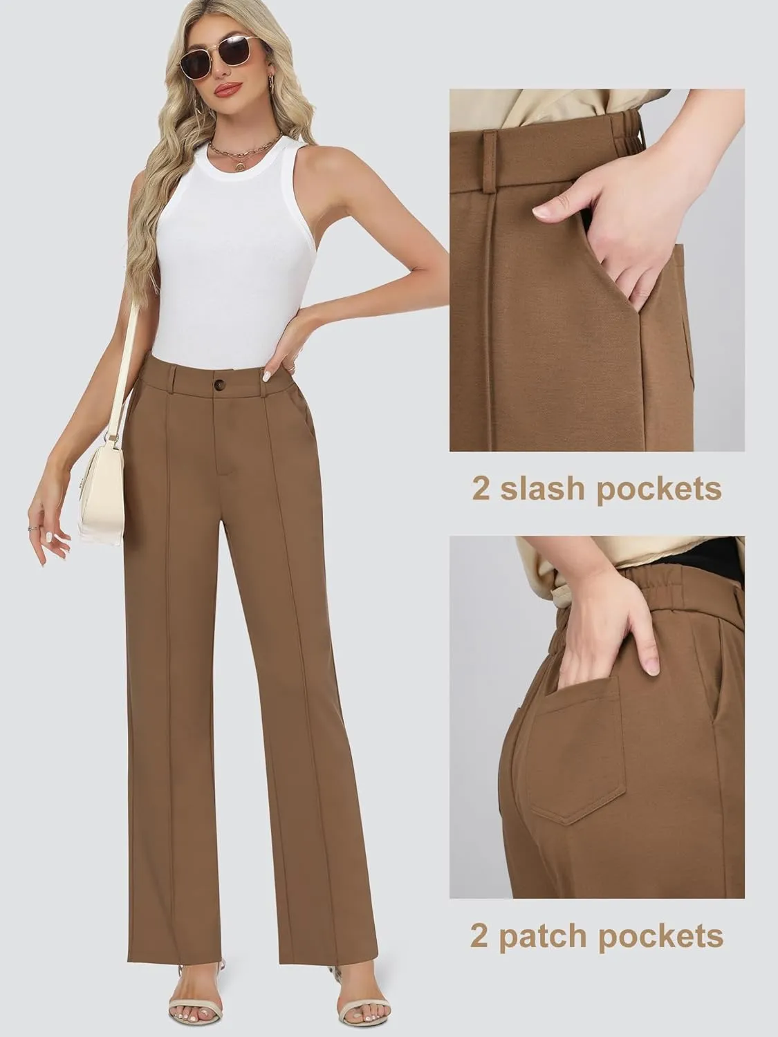 AVAMO Womens Stretchy Work Pants Business Casual Pants Slacks with Pockets High Waisted Straight Leg Office Trousers