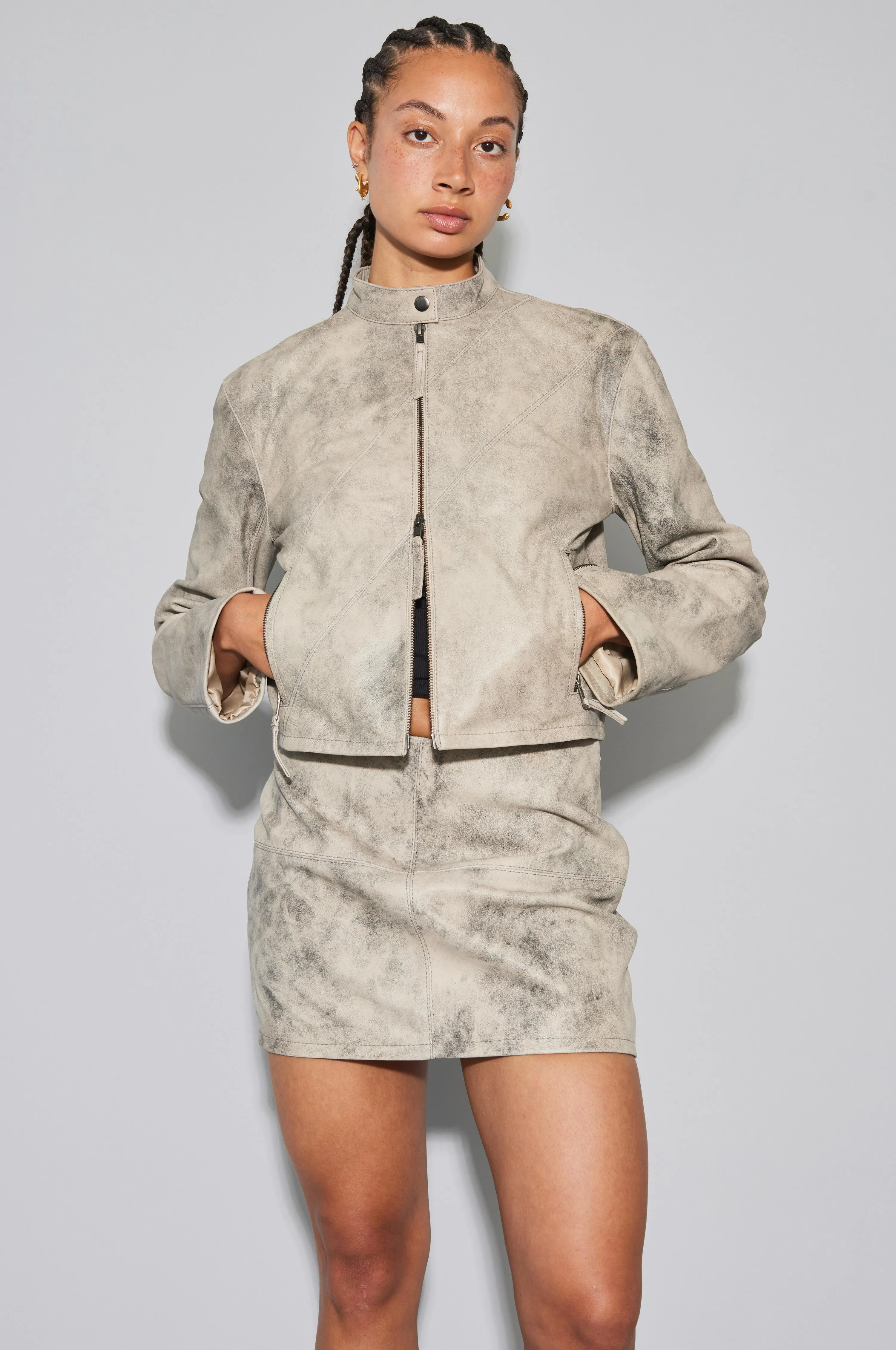 Beat Leather Jacket Grey Stone