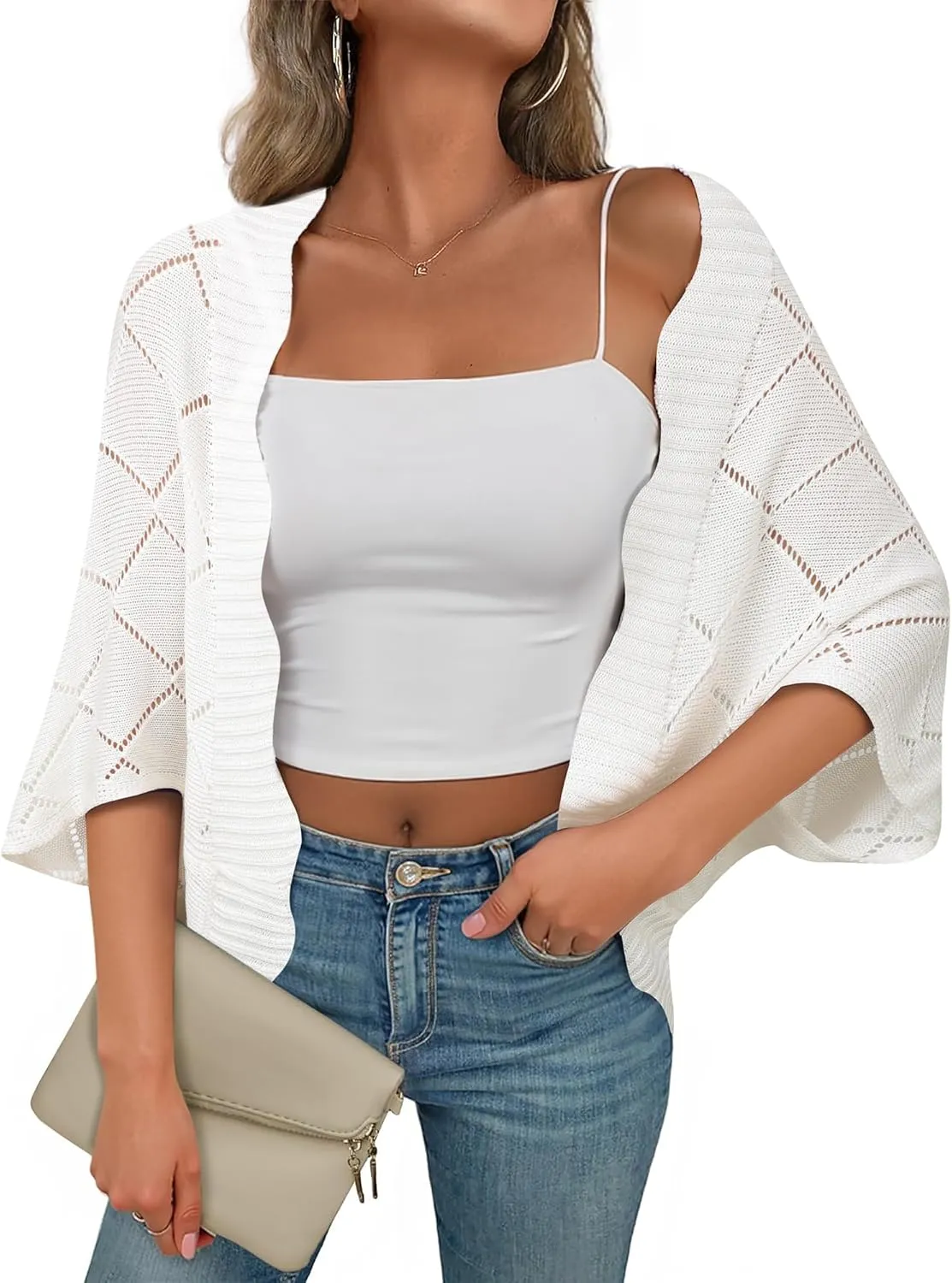 Bebonnie Women's Batwing Sleeve Open Front Cardigan Shrugs Crochet Hollow Out Sweaters for Dresses