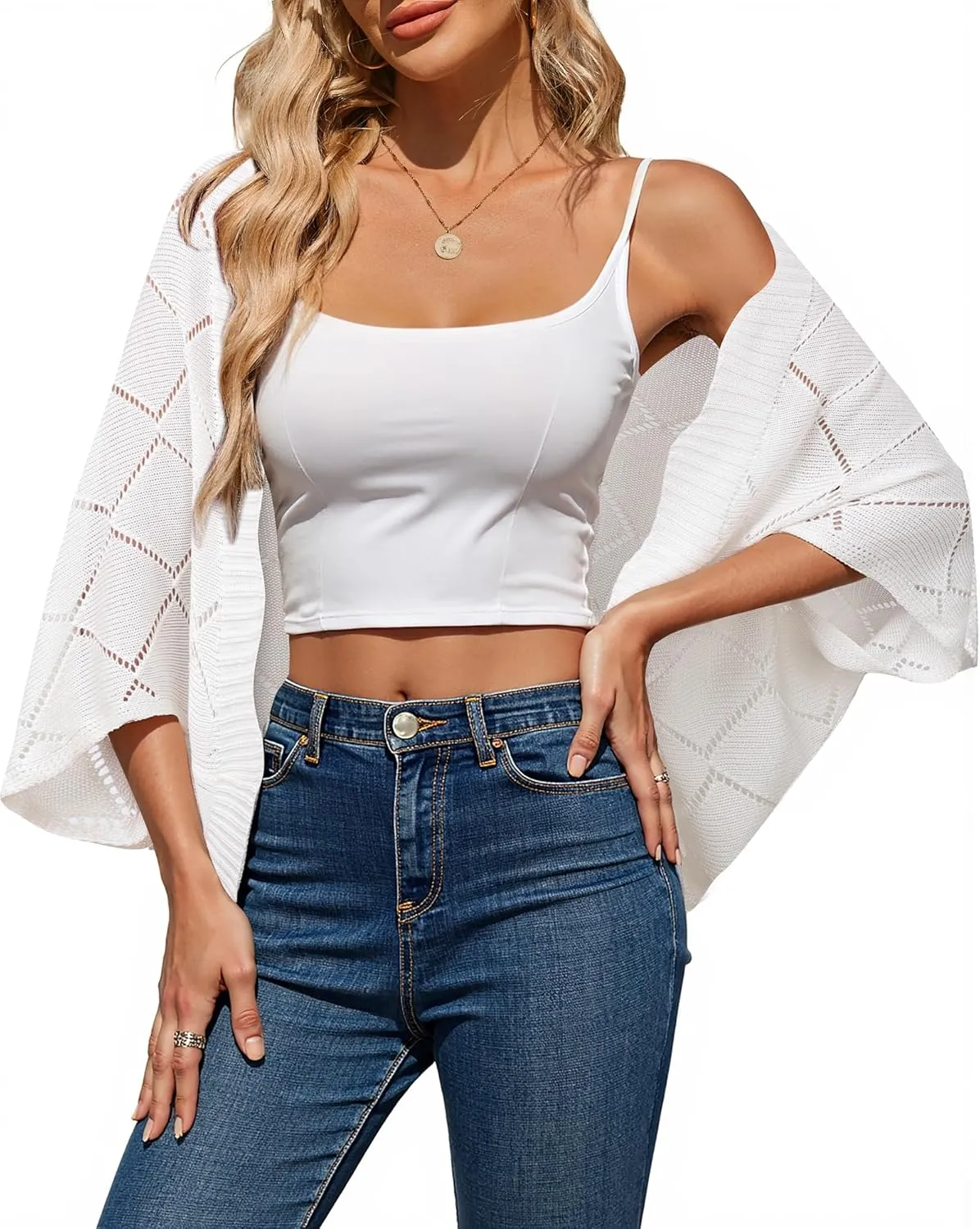 Bebonnie Women's Batwing Sleeve Open Front Cardigan Shrugs Crochet Hollow Out Sweaters for Dresses