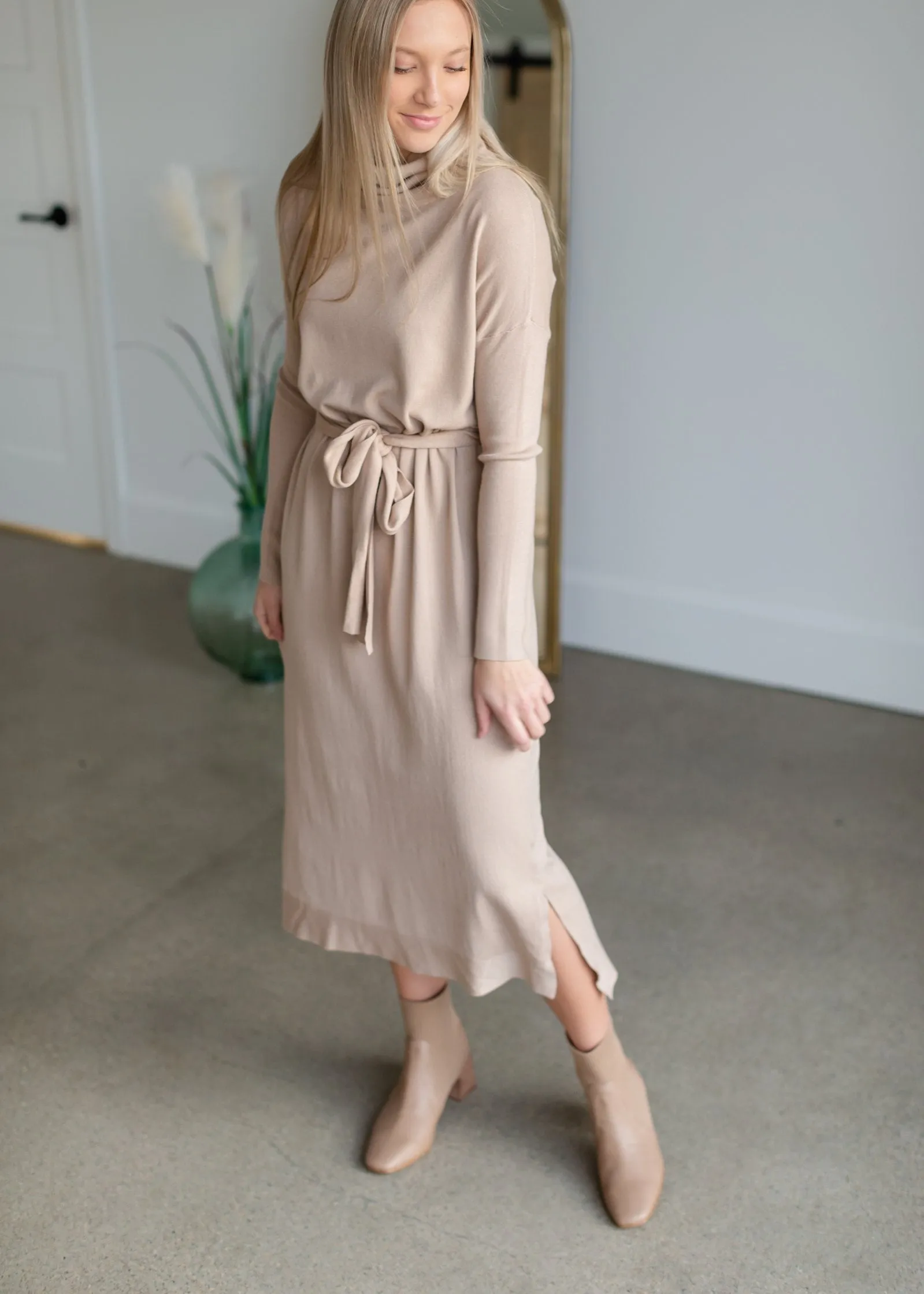 Belted Cowl Turtle Neck Knit Midi Dress