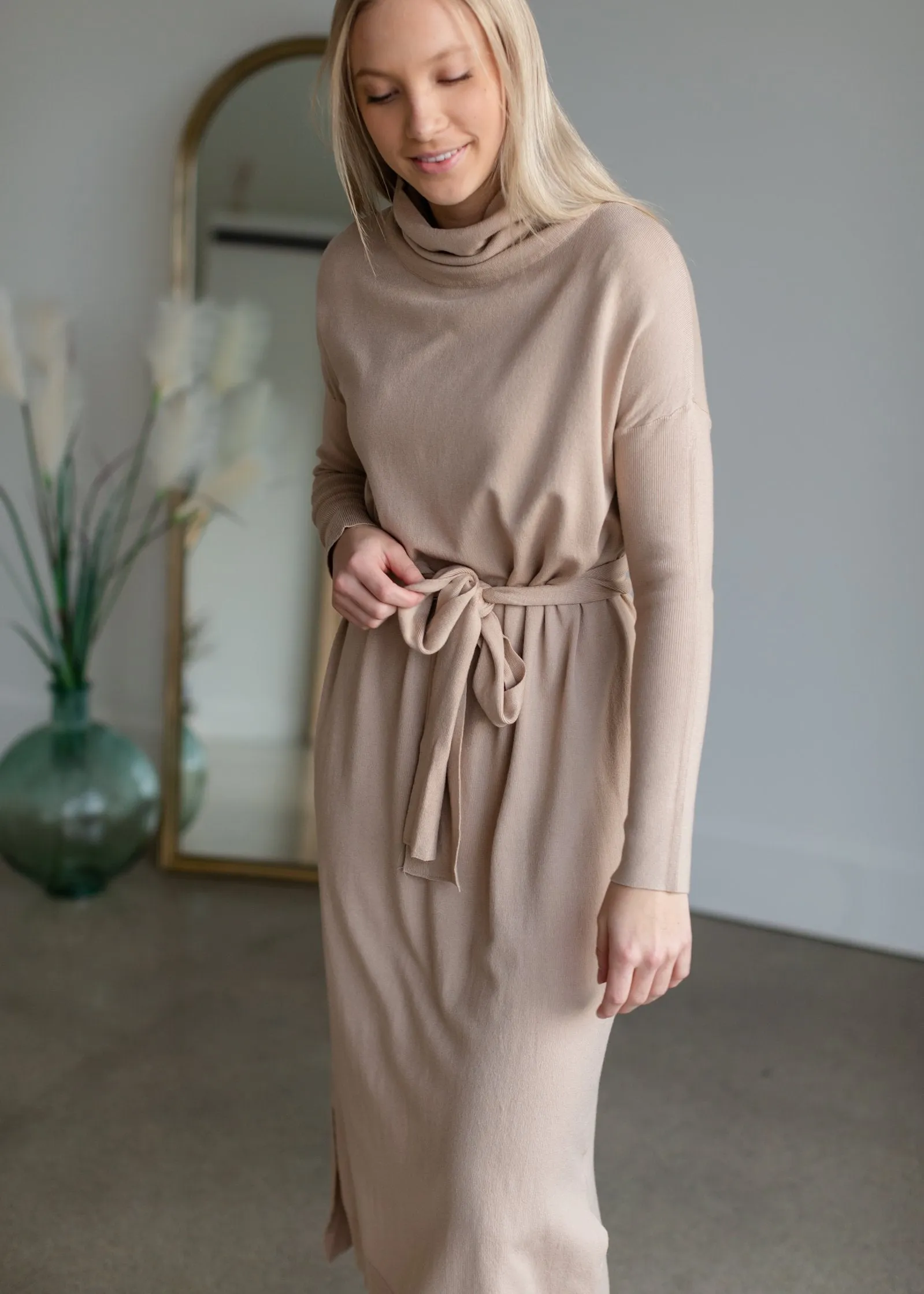 Belted Cowl Turtle Neck Knit Midi Dress