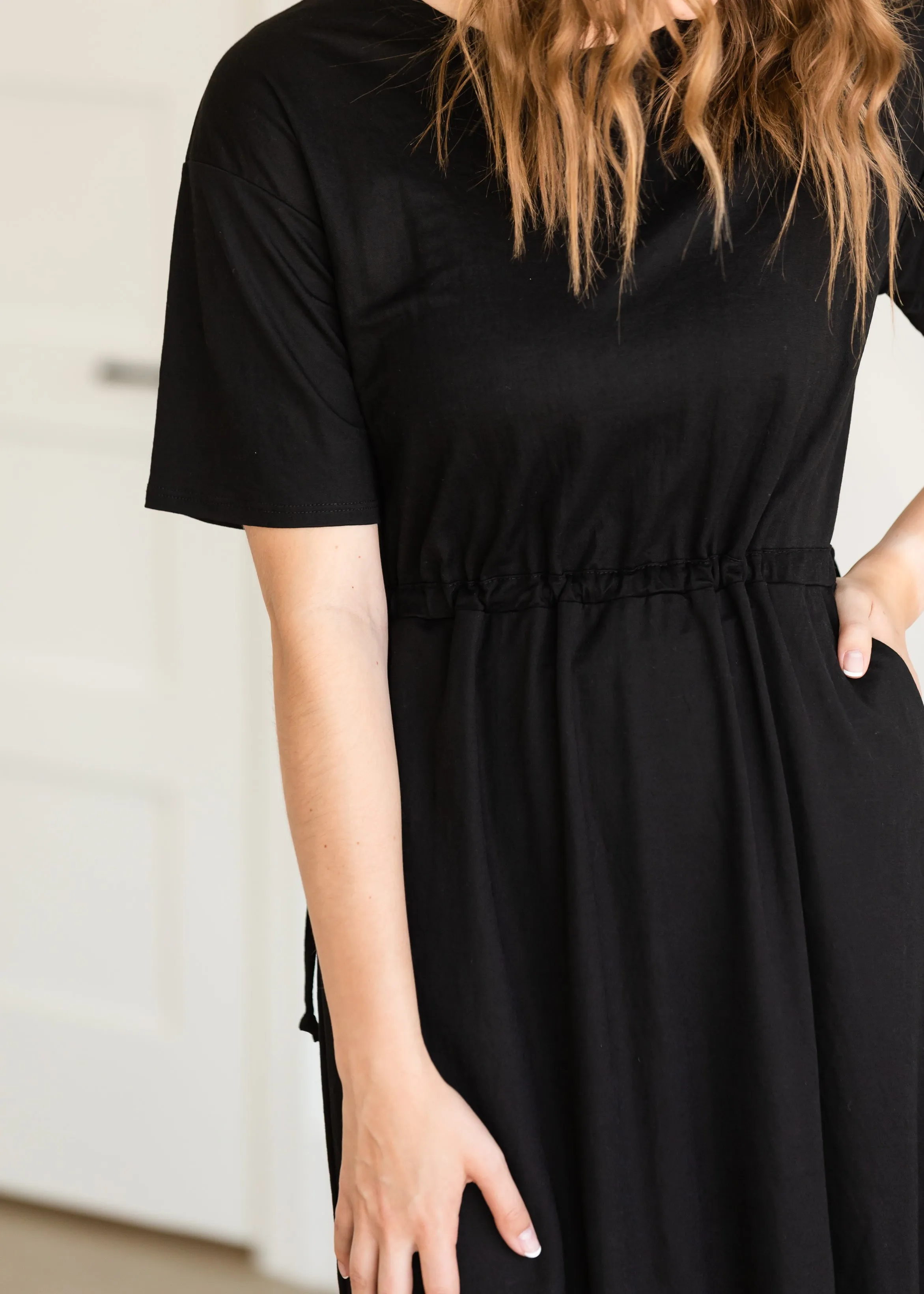 Black Drawstring T-Shirt Midi Dress