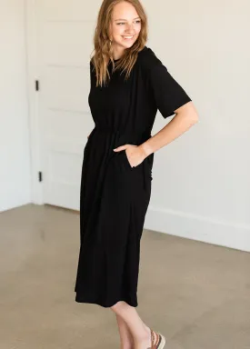 Black Drawstring T-Shirt Midi Dress