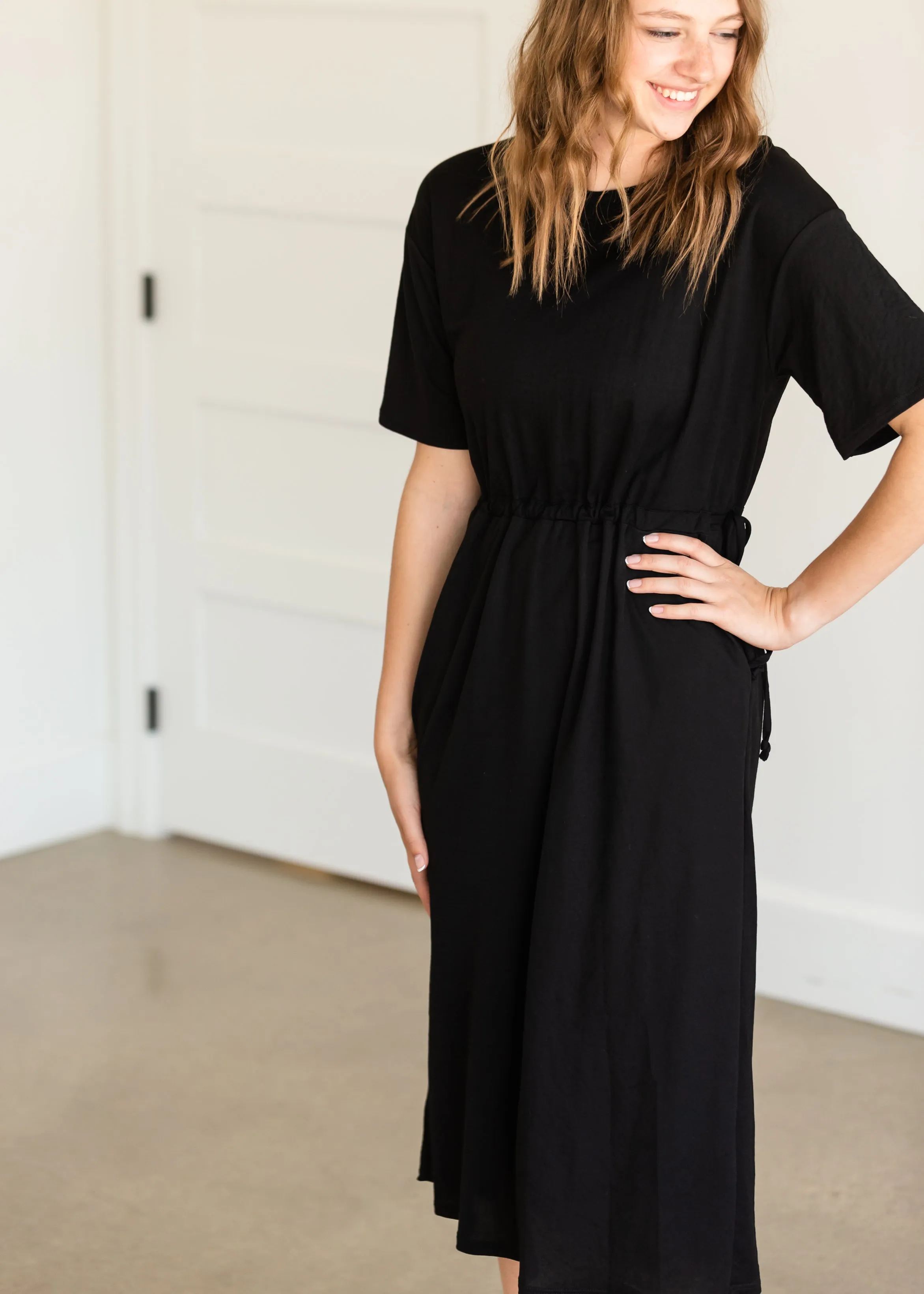 Black Drawstring T-Shirt Midi Dress