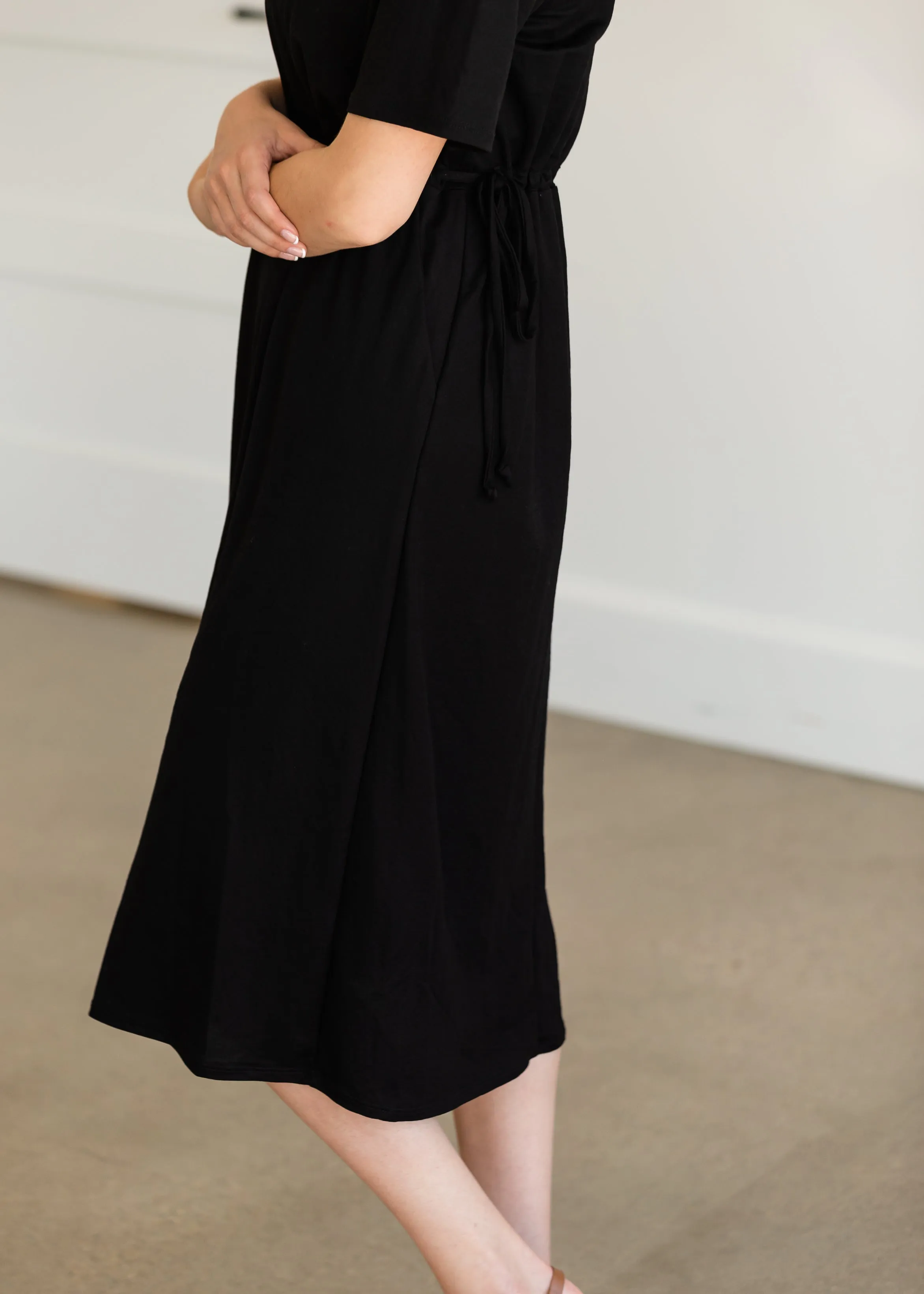 Black Drawstring T-Shirt Midi Dress