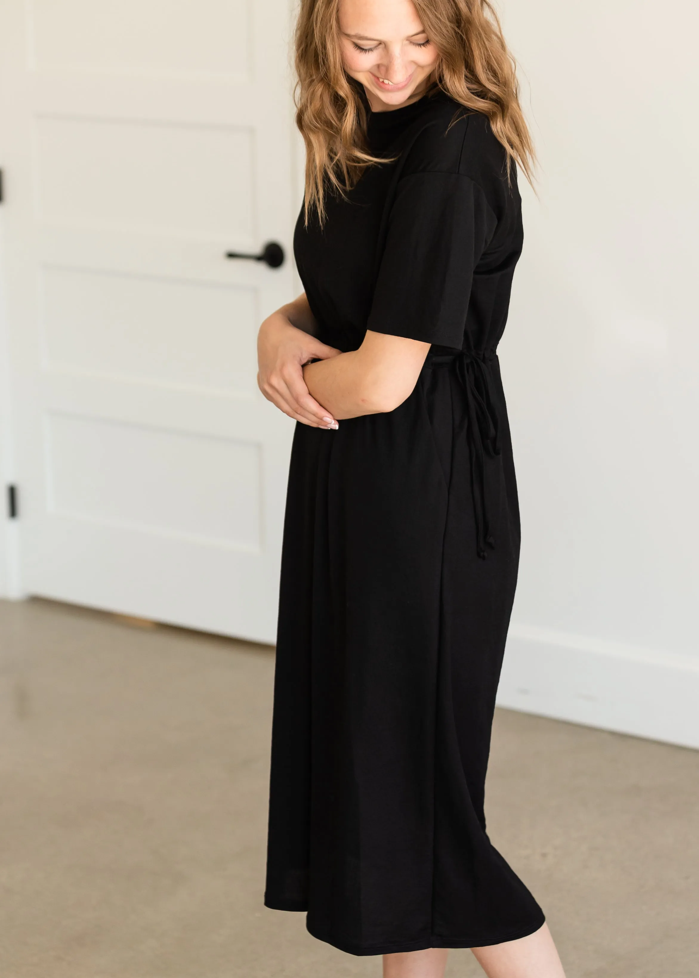 Black Drawstring T-Shirt Midi Dress