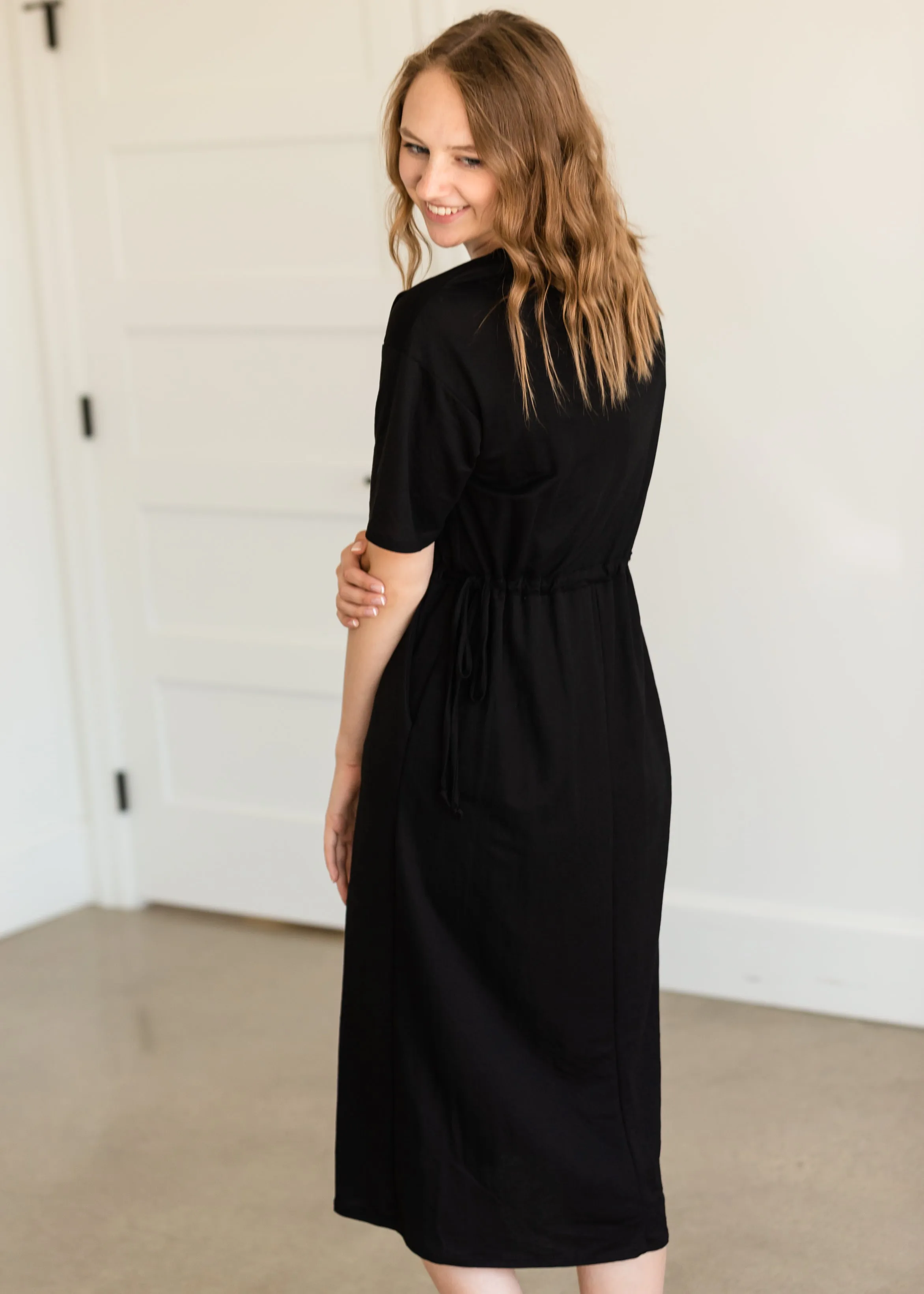 Black Drawstring T-Shirt Midi Dress
