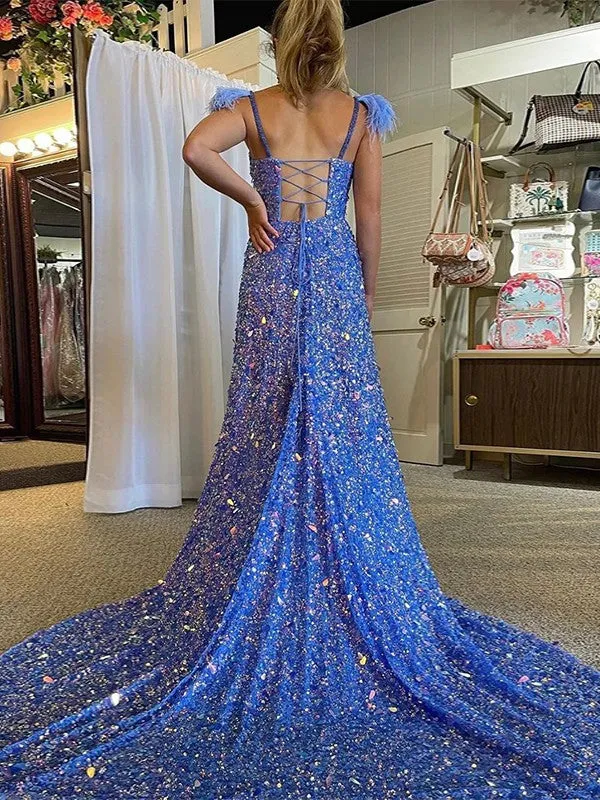 Blue A-Line V-Neck Sleeveless Long Court Train Velvet Sequin Prom Dress (AF1082)