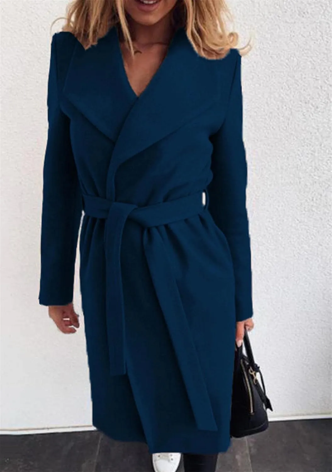 BOFETA Women's Casual Shaw Collar Wool Blend Wrap Coat Open Front Long Solid Color Pockets Cardigan Pea Coat with Tie Belt