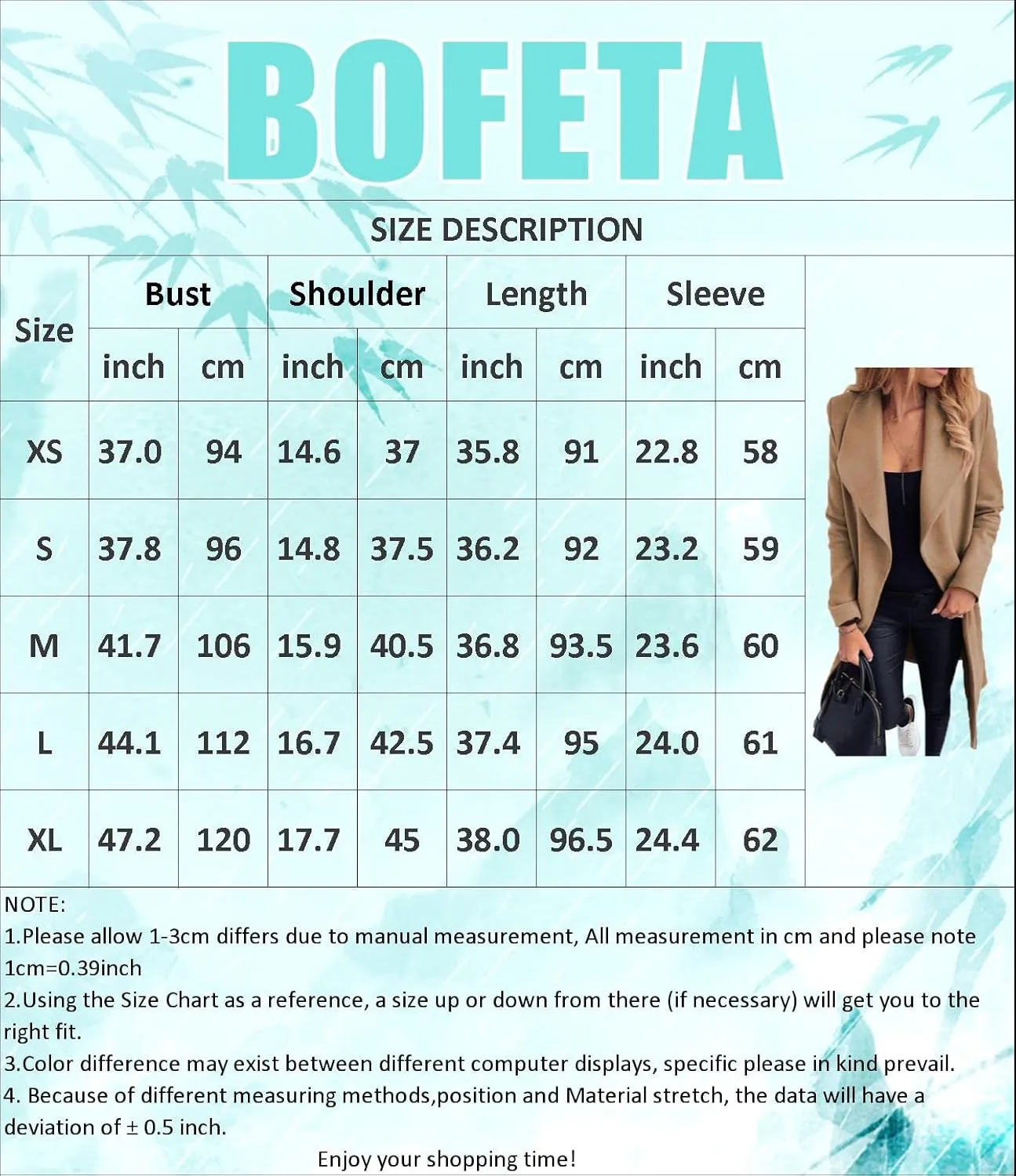 BOFETA Women's Casual Shaw Collar Wool Blend Wrap Coat Open Front Long Solid Color Pockets Cardigan Pea Coat with Tie Belt