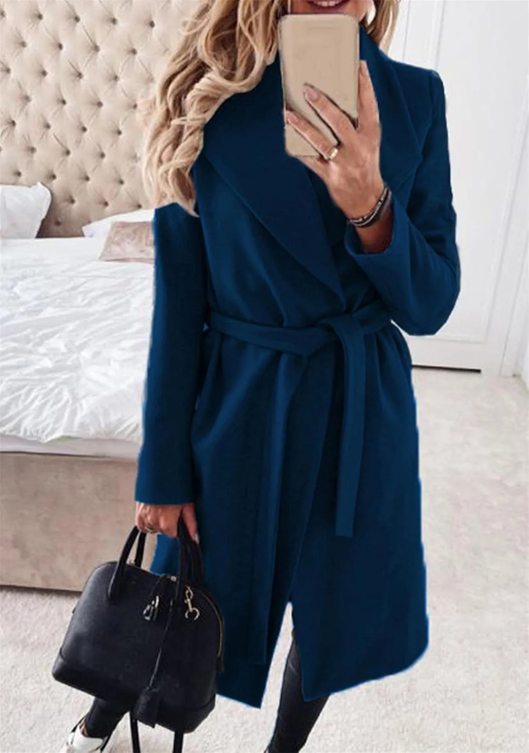 BOFETA Women's Casual Shaw Collar Wool Blend Wrap Coat Open Front Long Solid Color Pockets Cardigan Pea Coat with Tie Belt