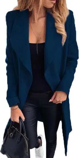 BOFETA Women's Casual Shaw Collar Wool Blend Wrap Coat Open Front Long Solid Color Pockets Cardigan Pea Coat with Tie Belt