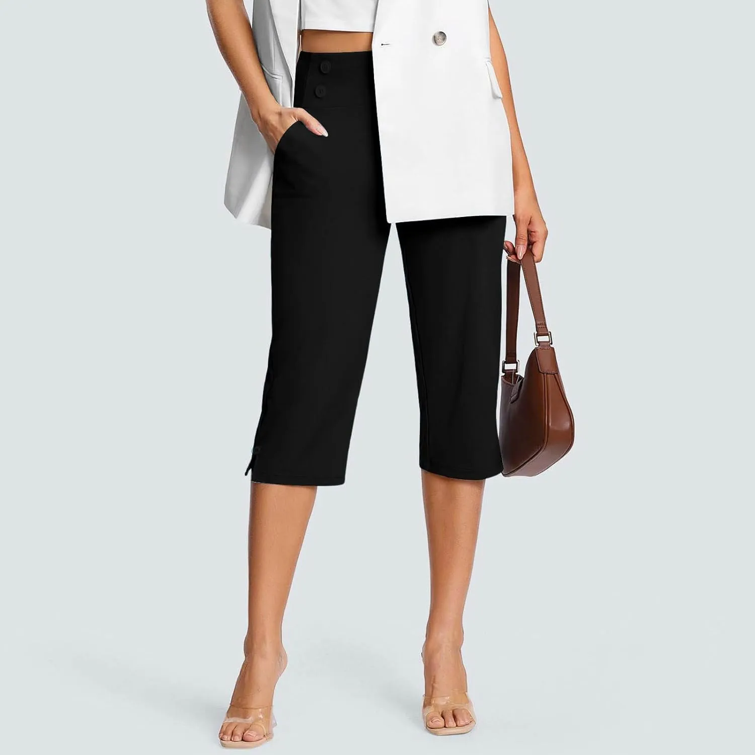 Capri Pants for Women Petite High Waisted Yoga Capris with Pockets Stretch Cropped Running Workout Leggings Slacks