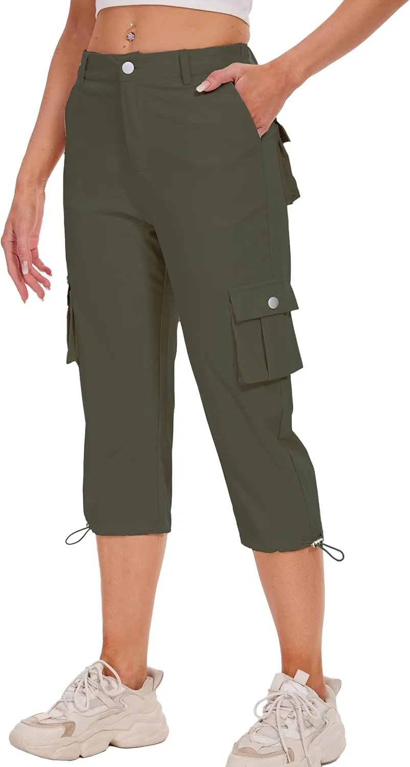 Cargo Capris for Women Hiking Pants Casual Summer Quick Dry Outdoor Travel Pull On Capri with 6 Pockets