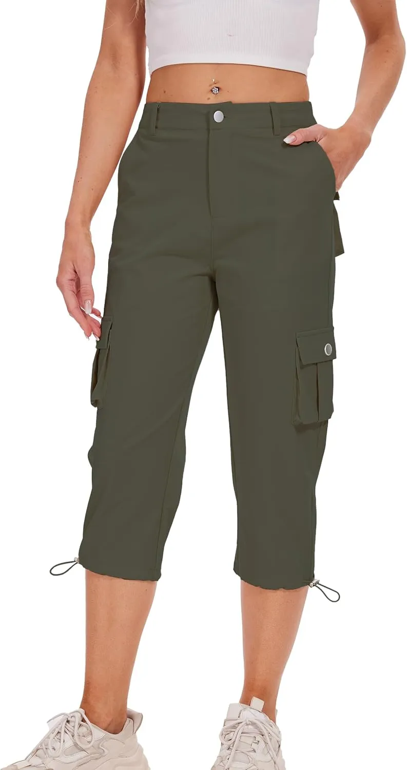 Cargo Capris for Women Hiking Pants Casual Summer Quick Dry Outdoor Travel Pull On Capri with 6 Pockets