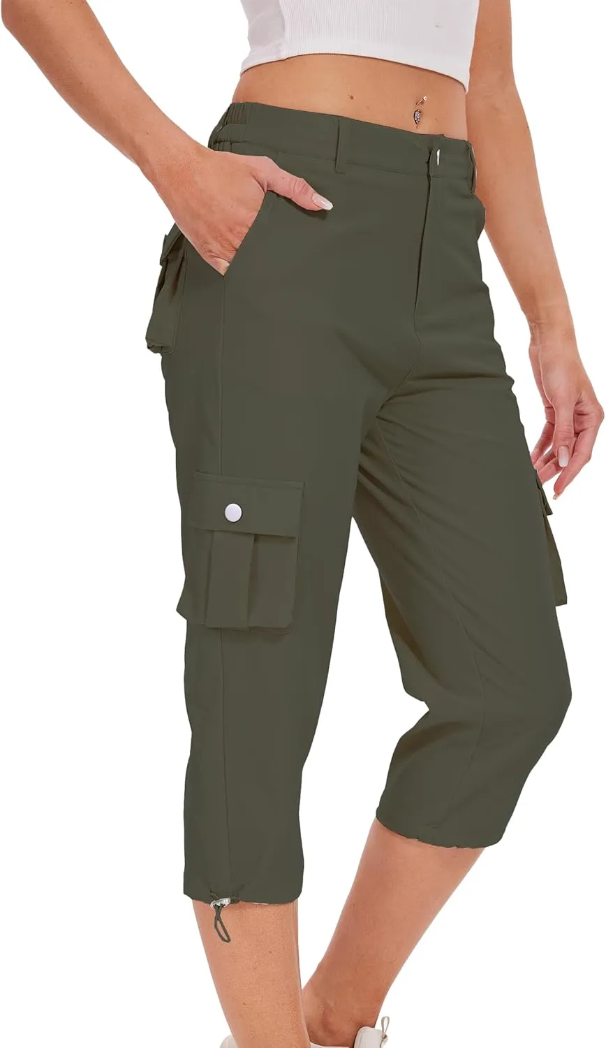 Cargo Capris for Women Hiking Pants Casual Summer Quick Dry Outdoor Travel Pull On Capri with 6 Pockets