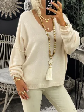 Casual Long-sleeved V-neck Knitted Sweater Top