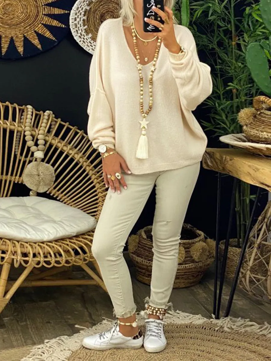 Casual Long-sleeved V-neck Knitted Sweater Top
