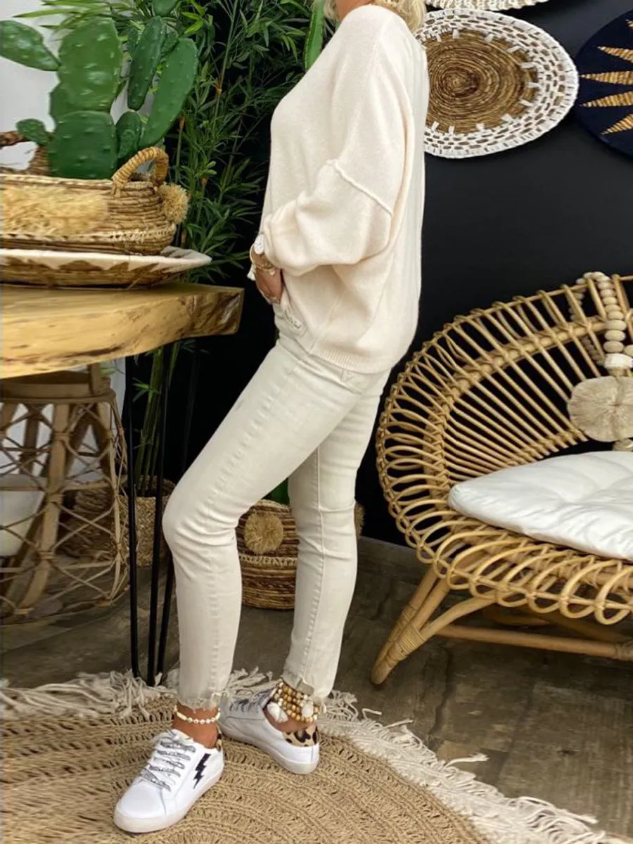 Casual Long-sleeved V-neck Knitted Sweater Top