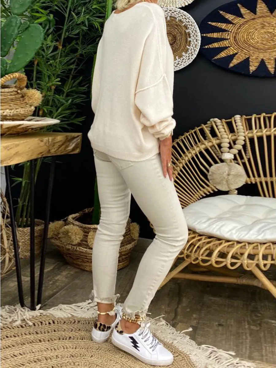 Casual Long-sleeved V-neck Knitted Sweater Top
