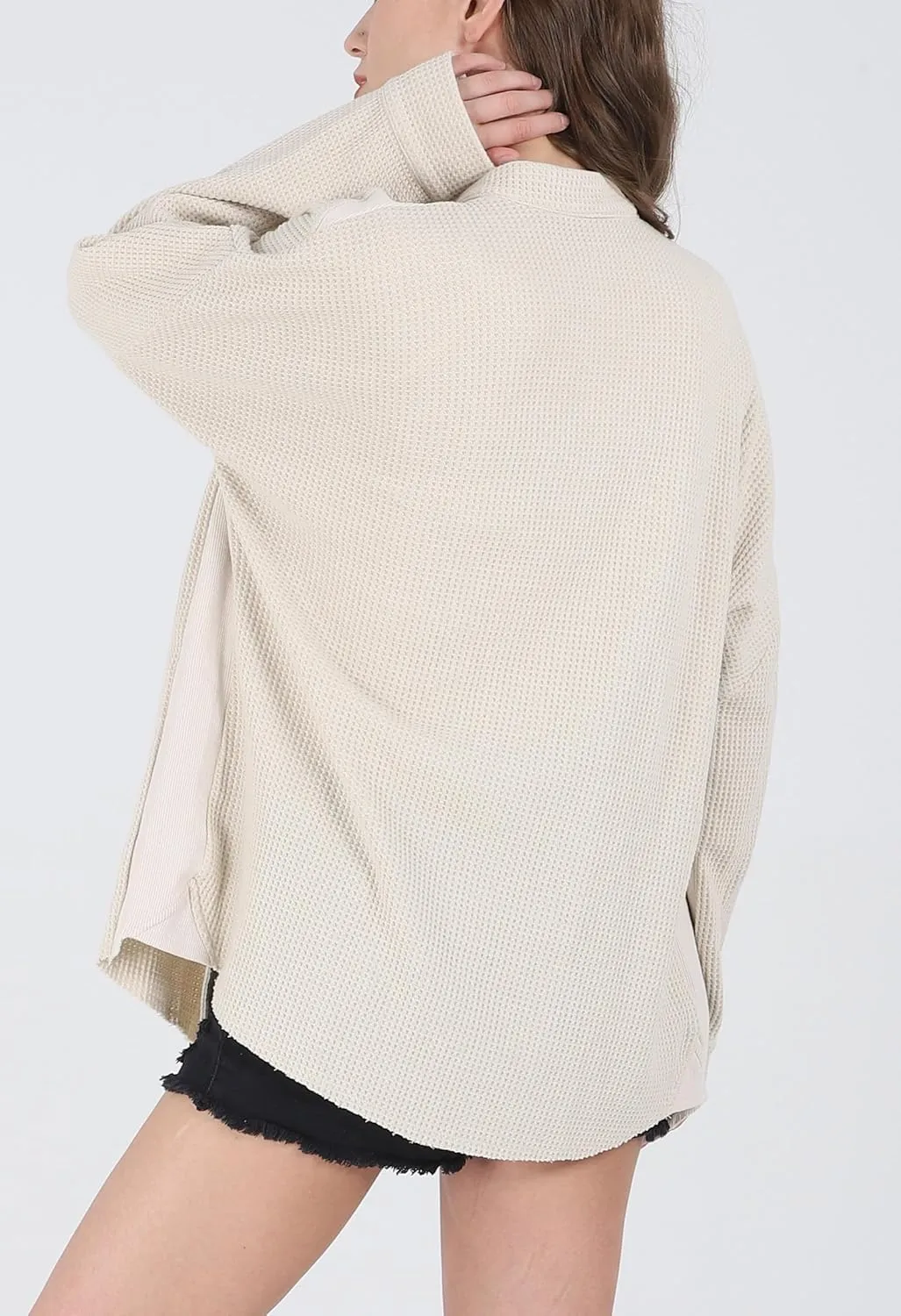 CHARTOU Women's Vintage Banded Collar Button Down Baggy Loose Fit Mid-Weight Frayed Waffle Knit Shacket Shirt Tops