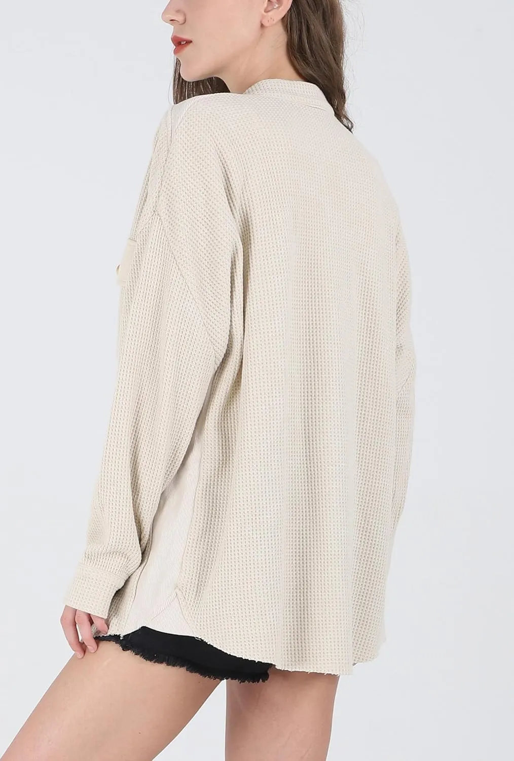 CHARTOU Women's Vintage Banded Collar Button Down Baggy Loose Fit Mid-Weight Frayed Waffle Knit Shacket Shirt Tops