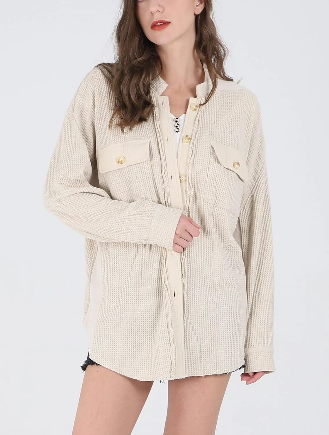 CHARTOU Women's Vintage Banded Collar Button Down Baggy Loose Fit Mid-Weight Frayed Waffle Knit Shacket Shirt Tops